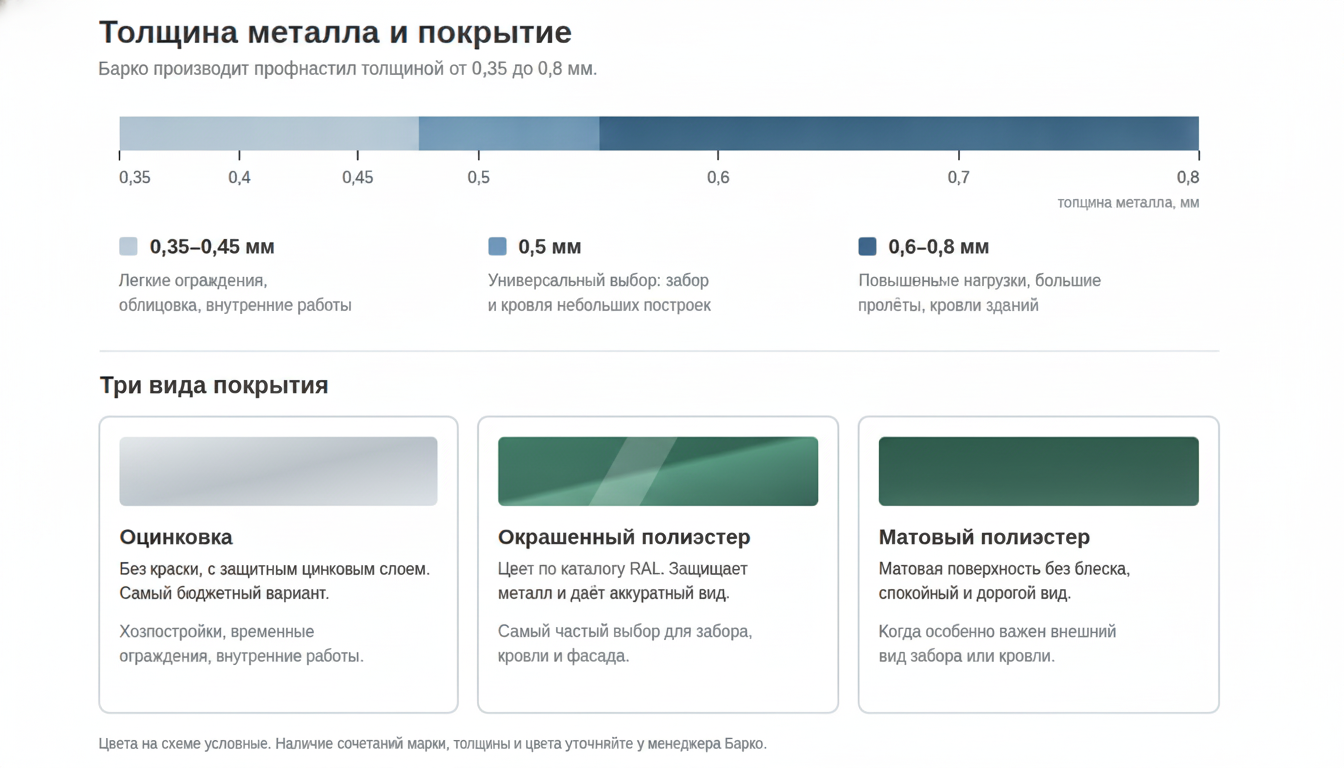 Толщина профнастила от 0,35 до 0,8 мм и виды покрытия: оцинковка, полиэстер, матовый полиэстер